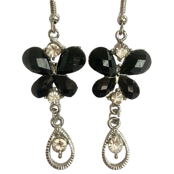 Vintage Jet Black Butterfly Earrings Silver Tone Crystal Acrylic Drop Dangle - Picture 1 of 7